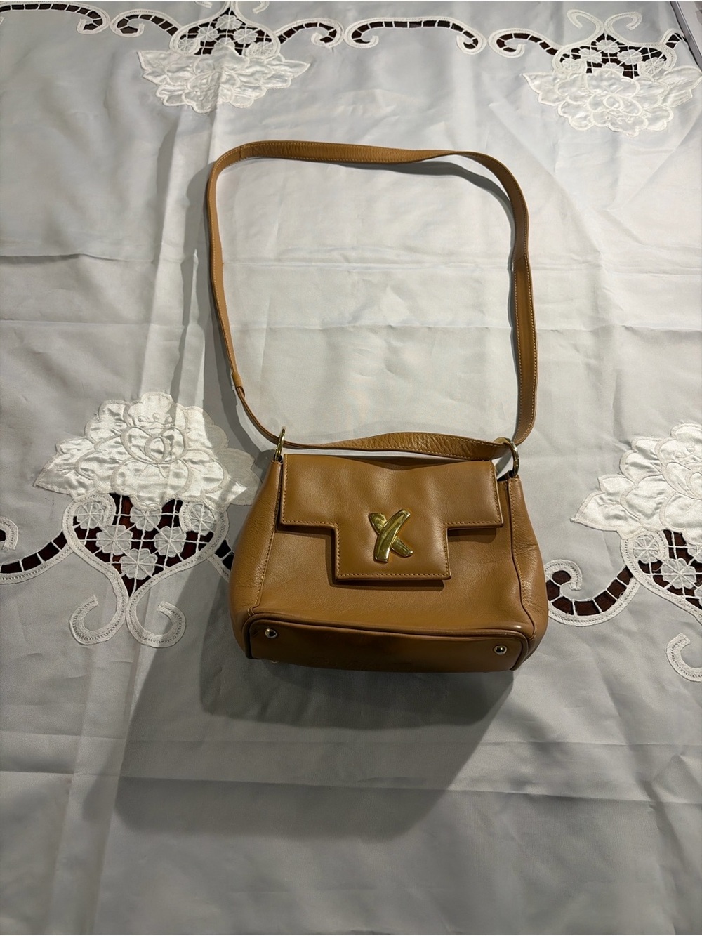 Leather Crossbody Bag with Gold 'X' Accent - Tan